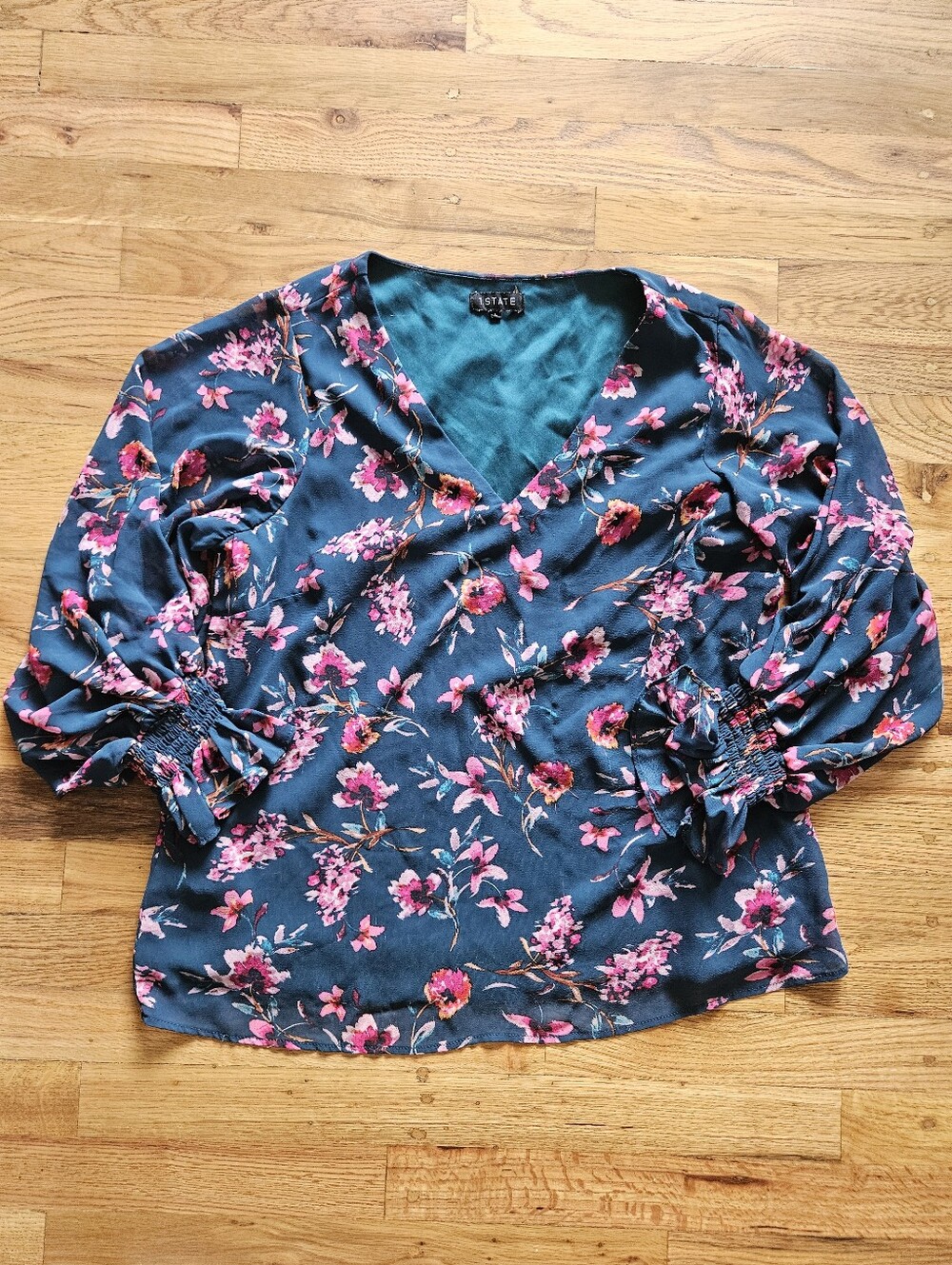 STATE Teal Floral V-Neck Blouse with Pink Flowers